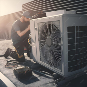 worker repairing air conditioner roof building